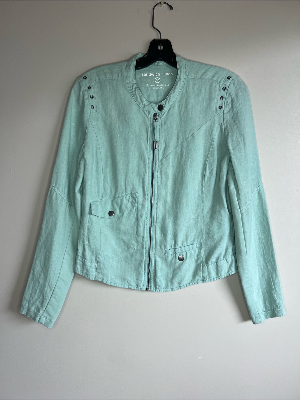 Sandwich Linen Mint Green 100% Linen Zip Jacket Studded Lightweight Size 36